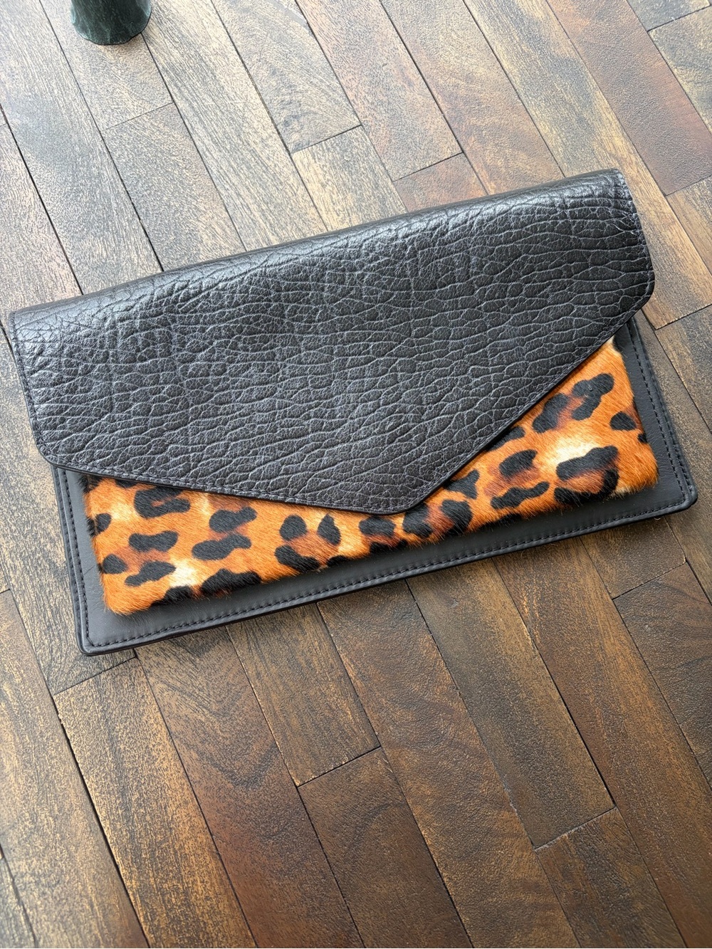Banana Republic Black Leather Envelope Clutch with Leopard Print Accent